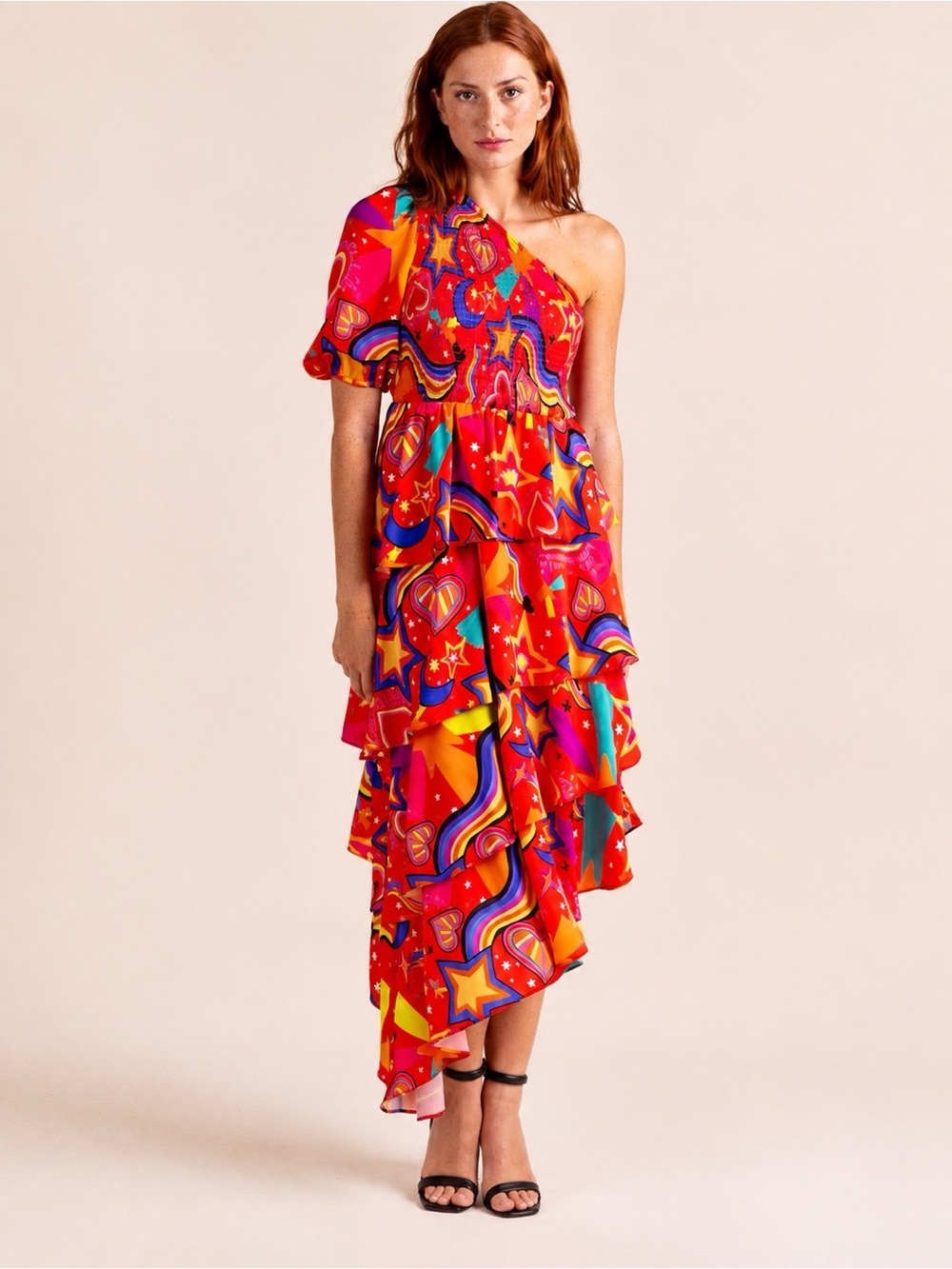 Alden Adair Collins One Shoulder Tiered Midi Dress Star Gazing Red Graphic XS